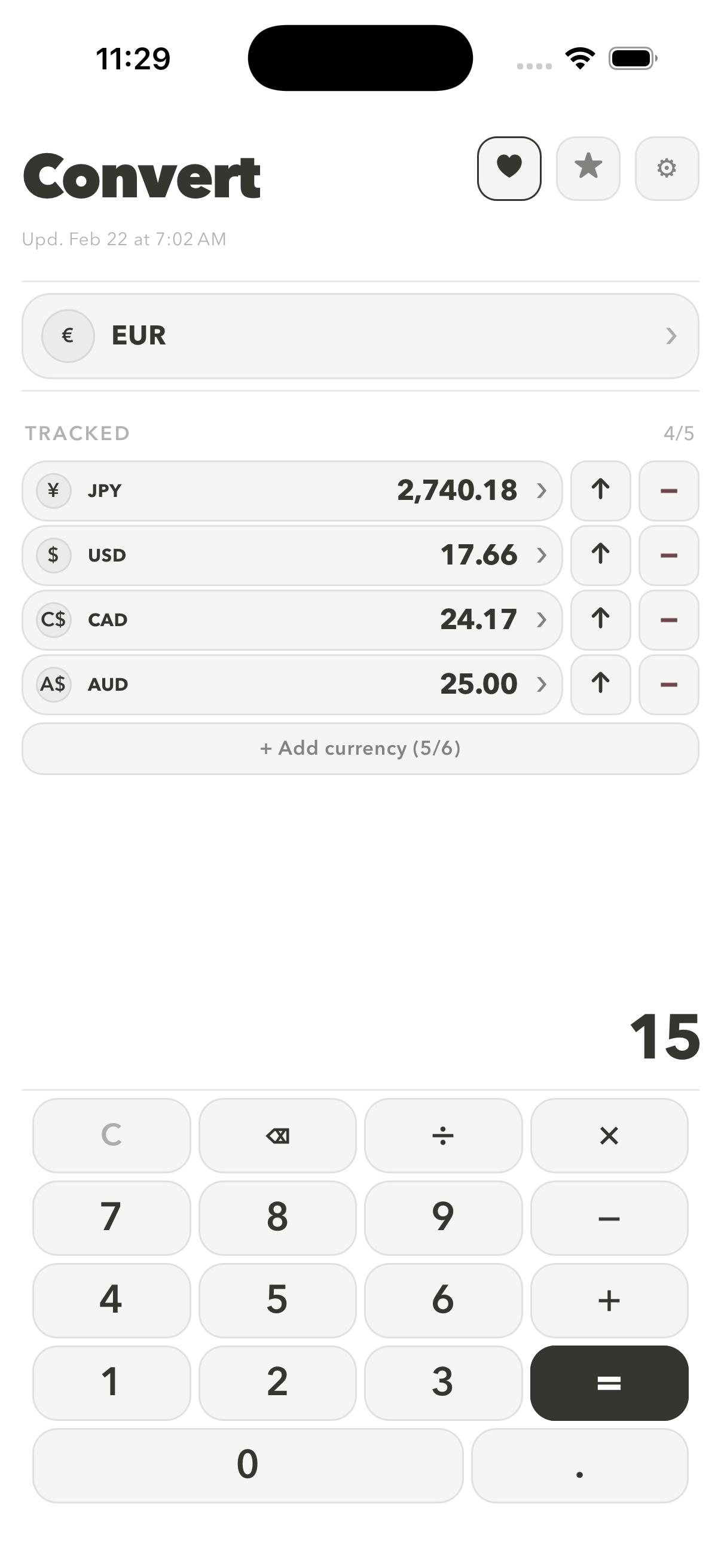 Valuta convert screen in light mode